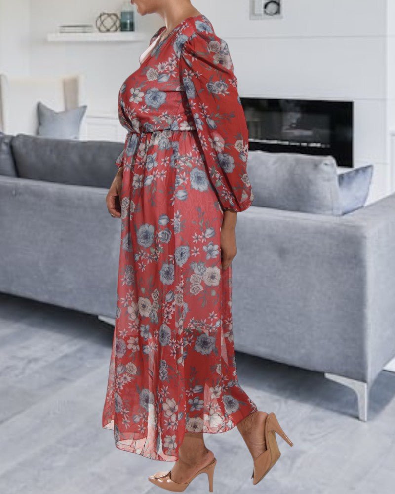 Rose Print Chiffon Rust Dress - StylePhase SA