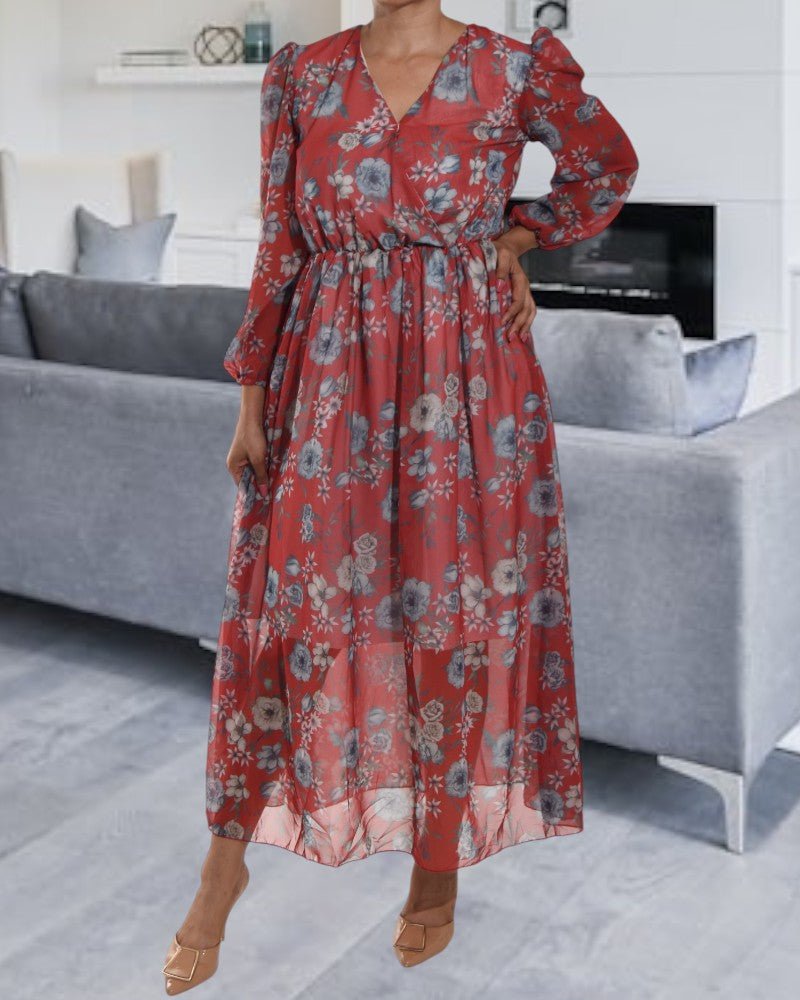 Rose Print Chiffon Rust Dress - StylePhase SA