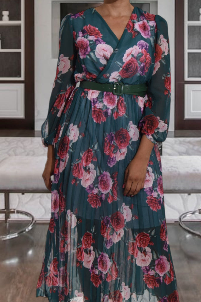 Rose Print Chiffon Teal Dress with Belt - StylePhase SA