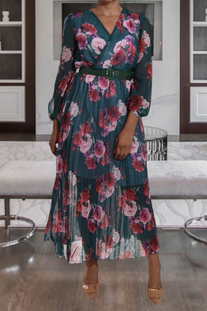 Rose Print Chiffon Teal Dress with Belt - StylePhase SA