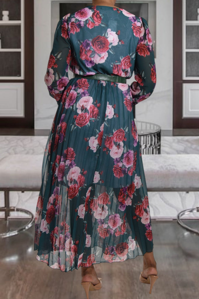 Rose Print Chiffon Teal Dress with Belt - StylePhase SA