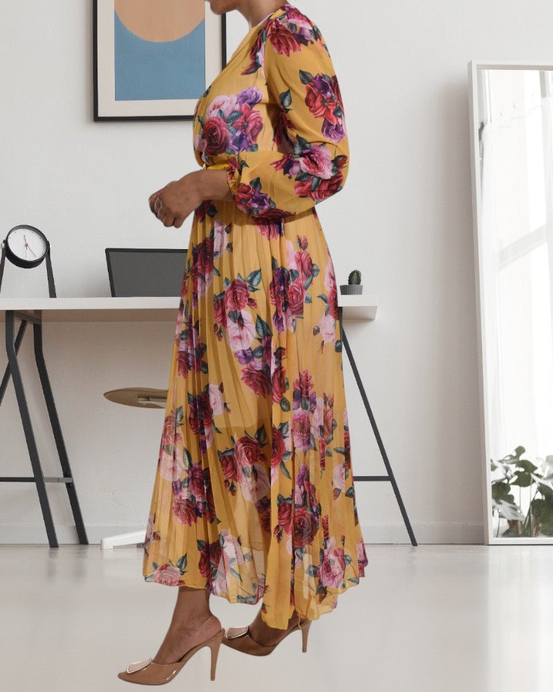 Rose Print Chiffon Yellow Dress with Belt - StylePhase SA