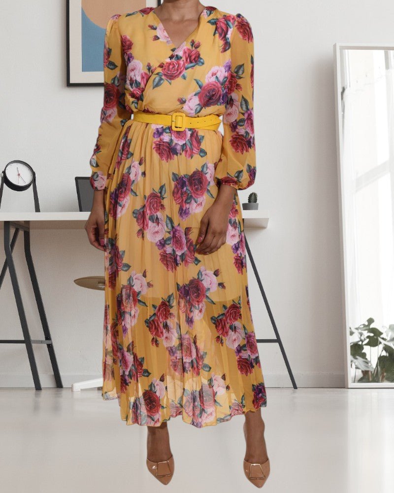 Rose Print Chiffon Yellow Dress with Belt - StylePhase SA