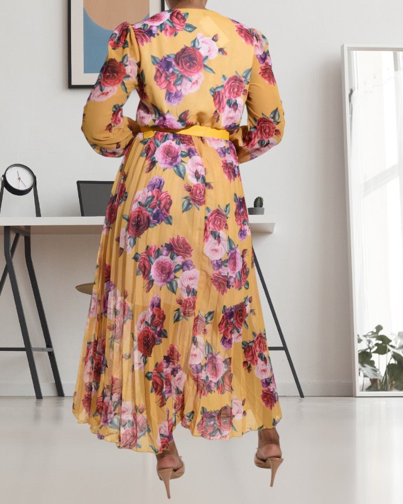 Rose Print Chiffon Yellow Dress with Belt - StylePhase SA