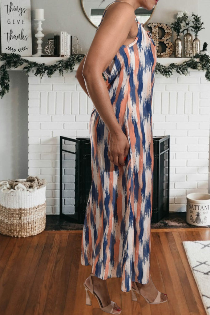 Rust And Teal Printed Strappy Maxi Tie Dress - StylePhase SA