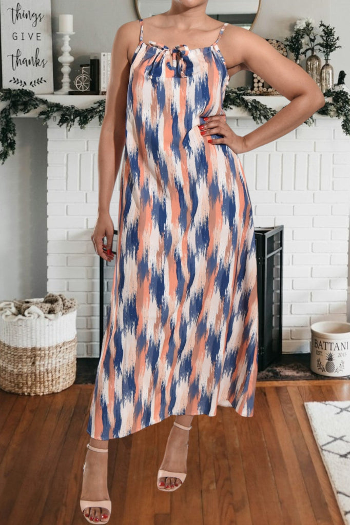 Rust And Teal Printed Strappy Maxi Tie Dress - StylePhase SA