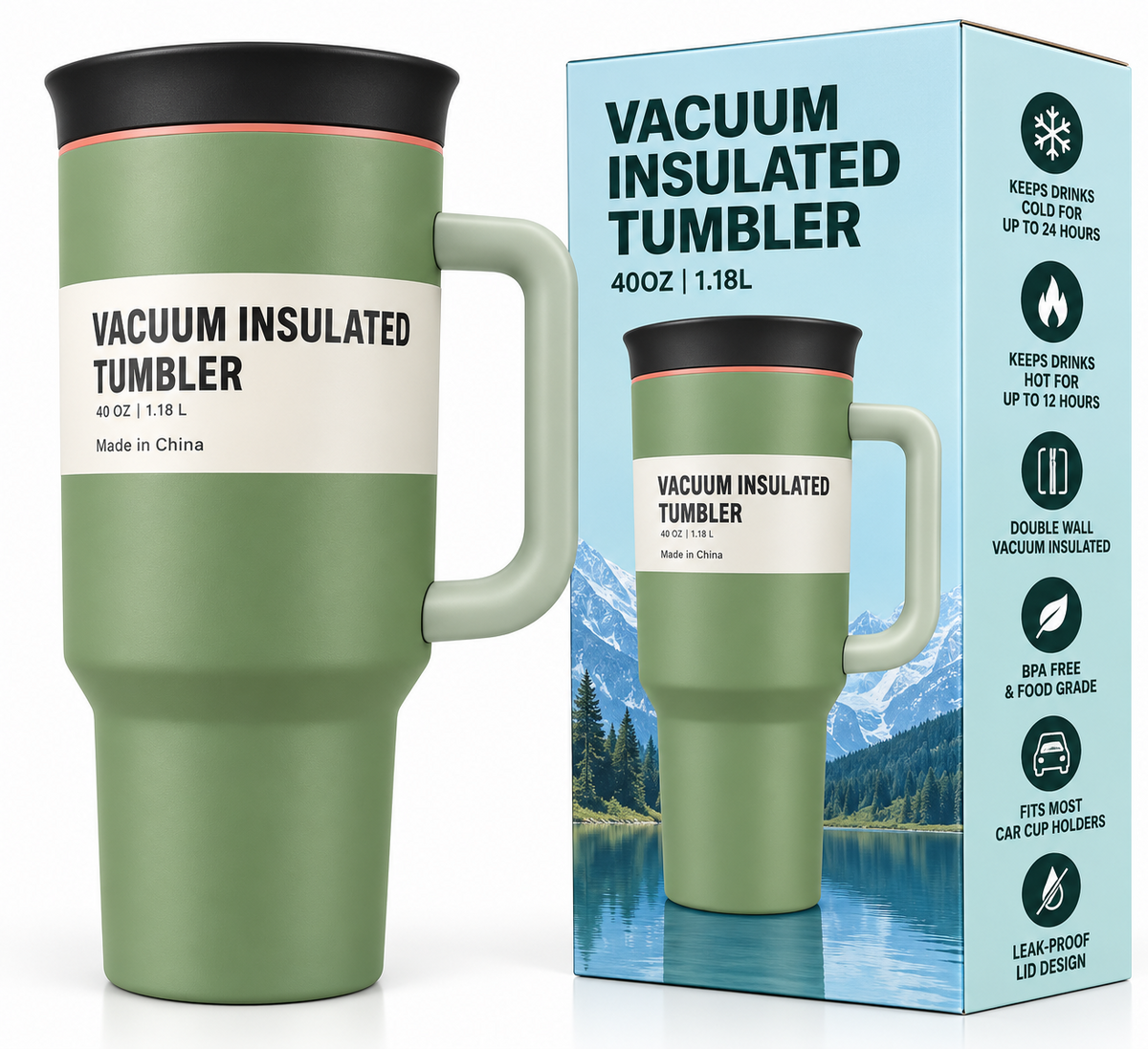 Sage green tumbler with packaging