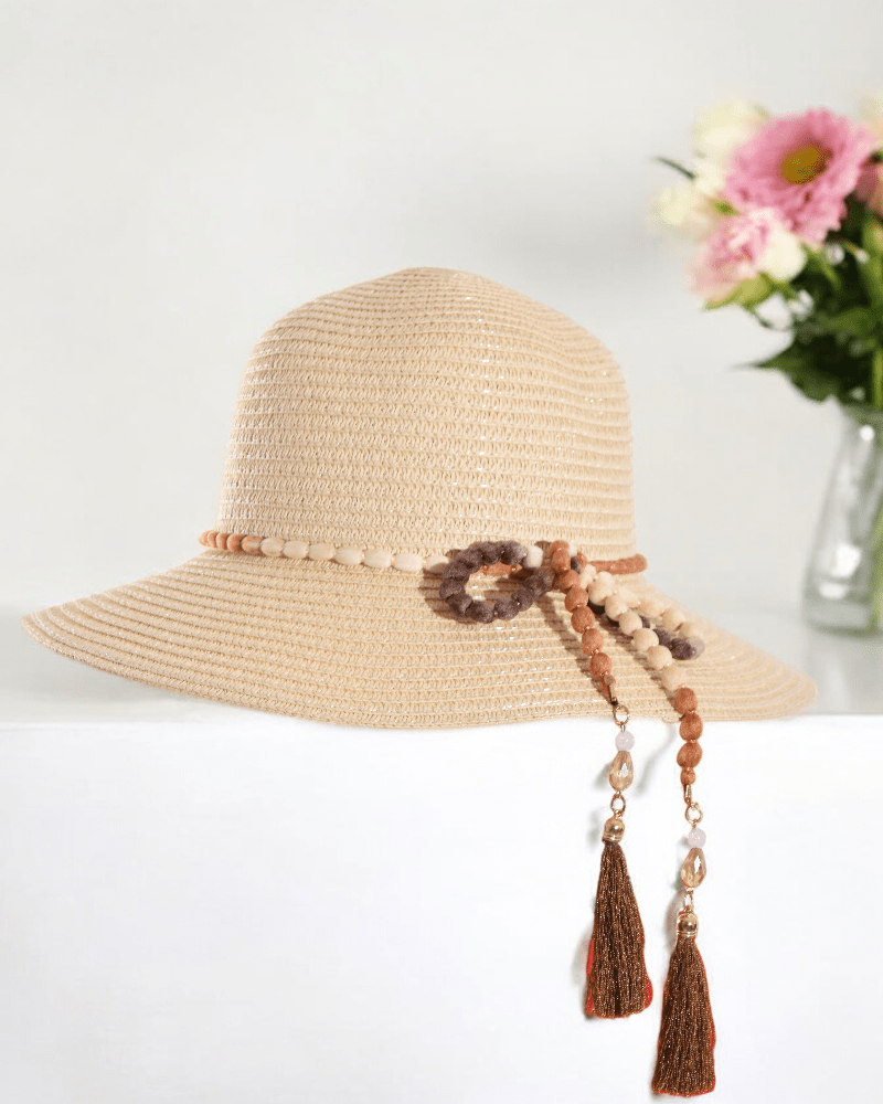 Tan Beaded Straw Hat - StylePhase SA