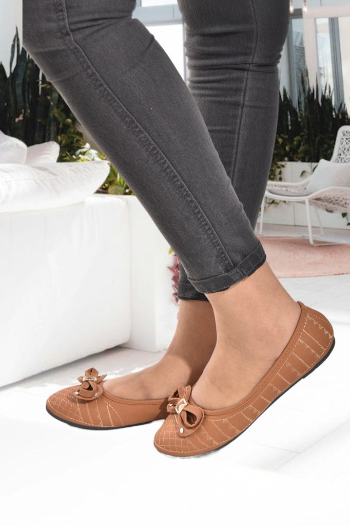 Tan Bow Quilted Pumps - StylePhase SA