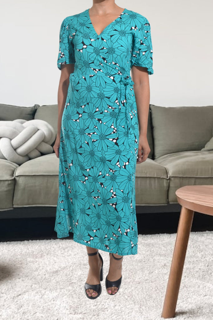 Teal And Black Floral Wrap Dress - StylePhase SA