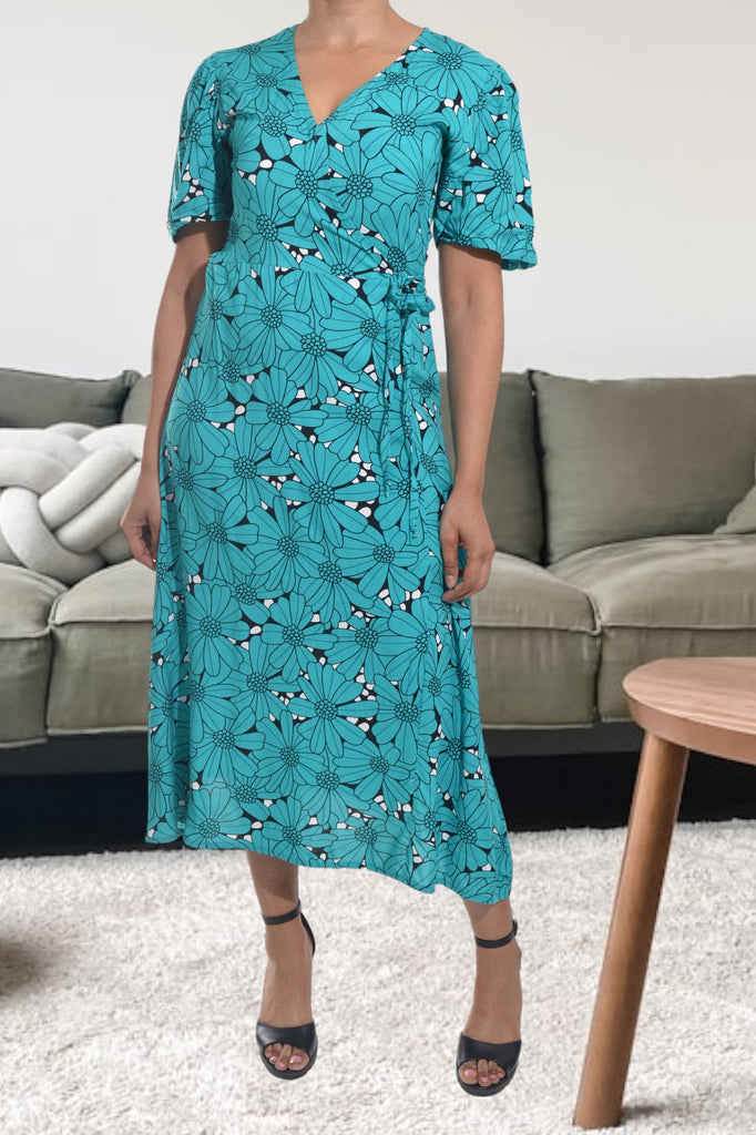 Teal And Black Floral Wrap Dress - StylePhase SA