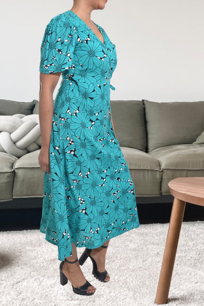 Teal And Black Floral Wrap Dress - StylePhase SA