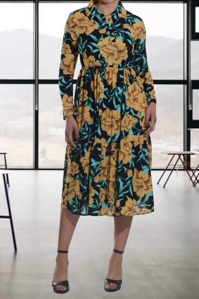 Teal And Mustard Floral Collar Ruffle Dress - StylePhase SA