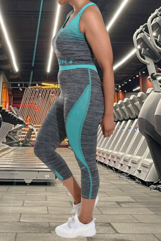 Teal Color Block 3/4 Activewear Set - StylePhase SA