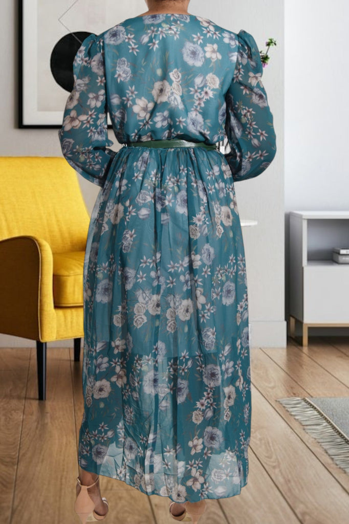 Teal Floral Chiffon Dress with Belt - StylePhase SA