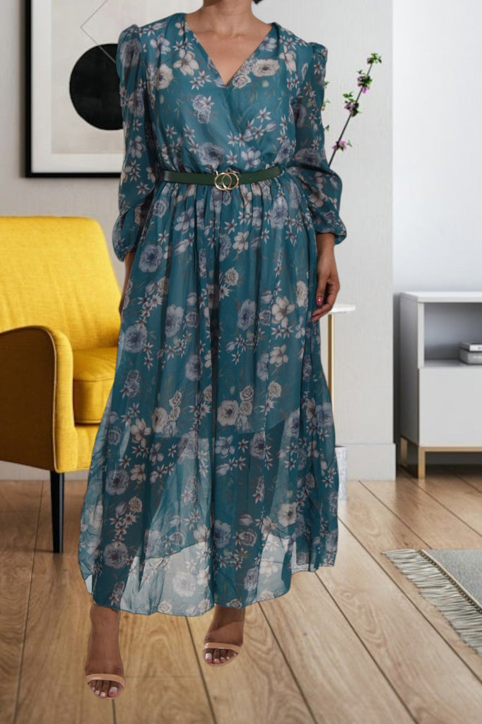 Teal Floral Chiffon Dress with Belt - StylePhase SA