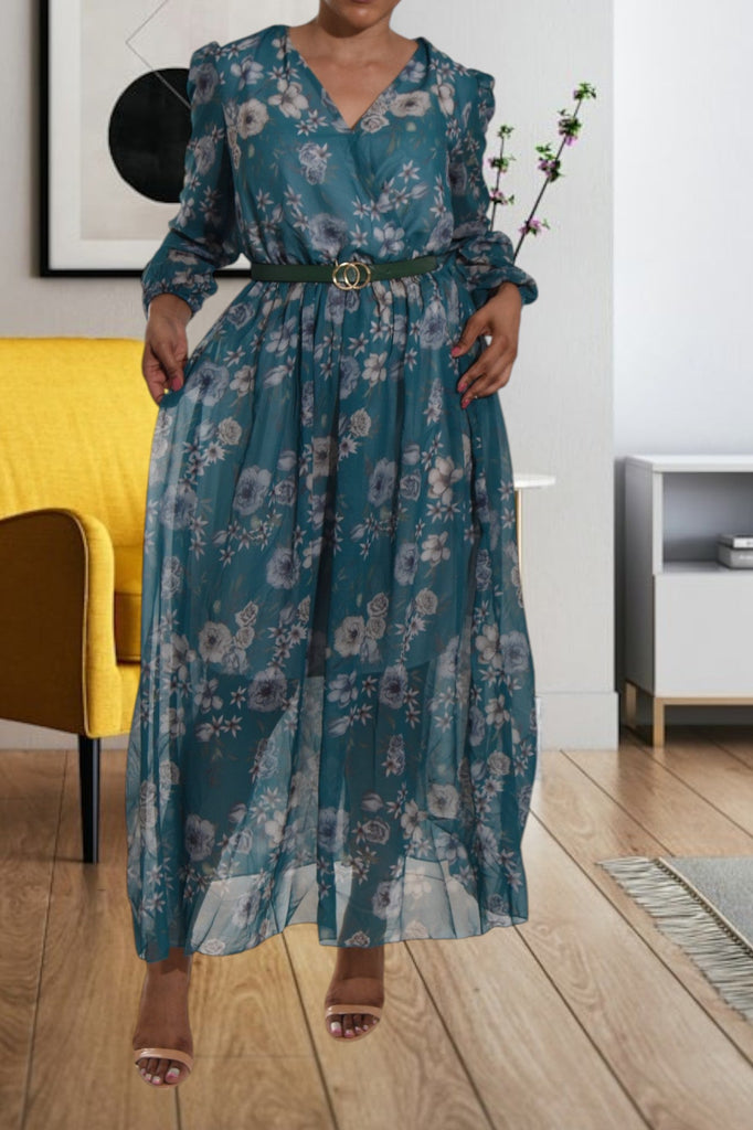 Teal Floral Chiffon Dress with Belt - StylePhase SA