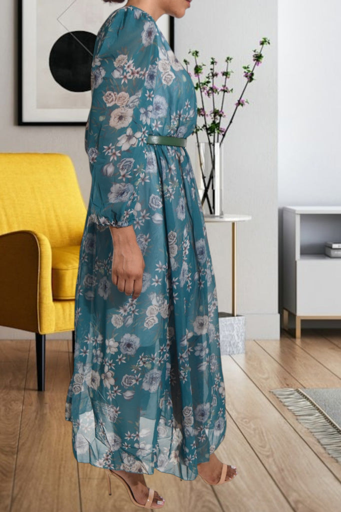 Teal Floral Chiffon Dress with Belt - StylePhase SA