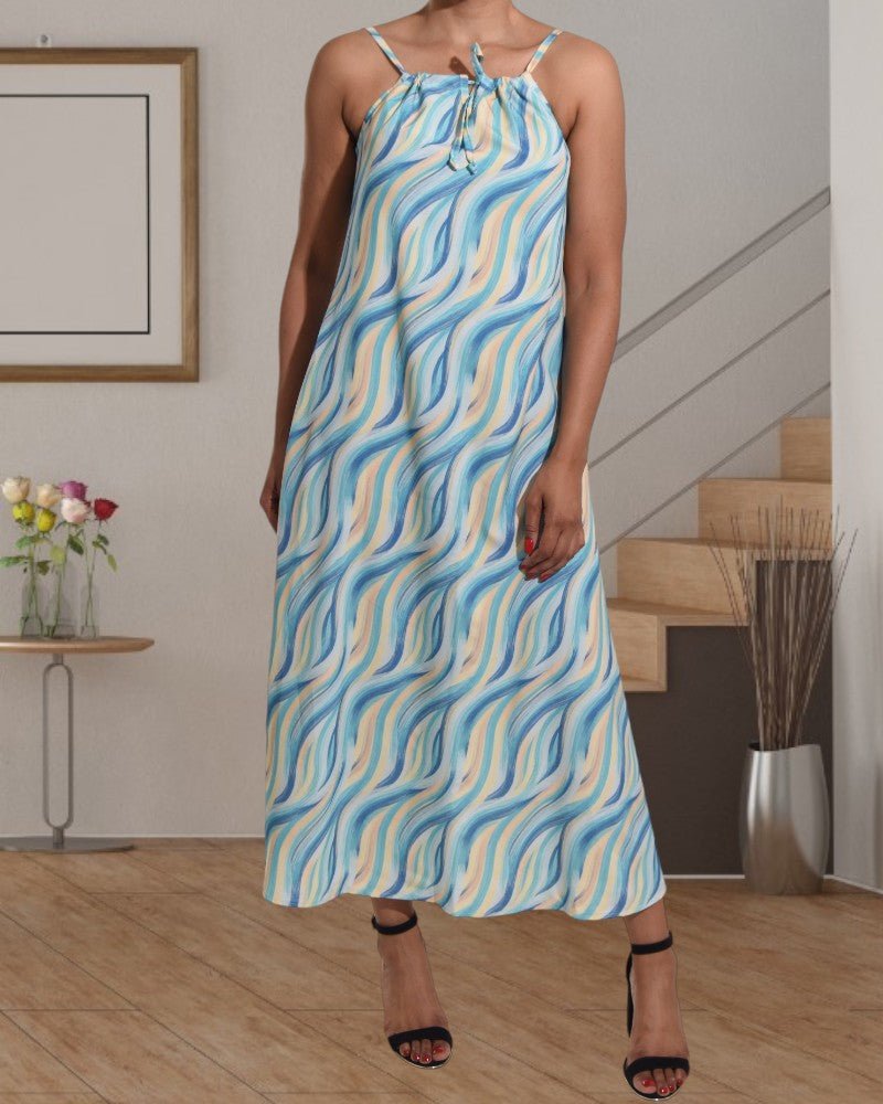 Teal Pattern Strappy Maxi Tie Dress - StylePhase SA