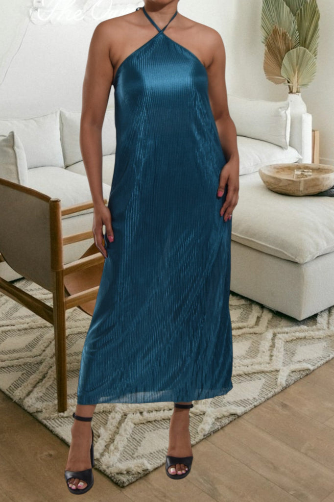 Teal Plisse Halter Maxi Dress - StylePhase SA