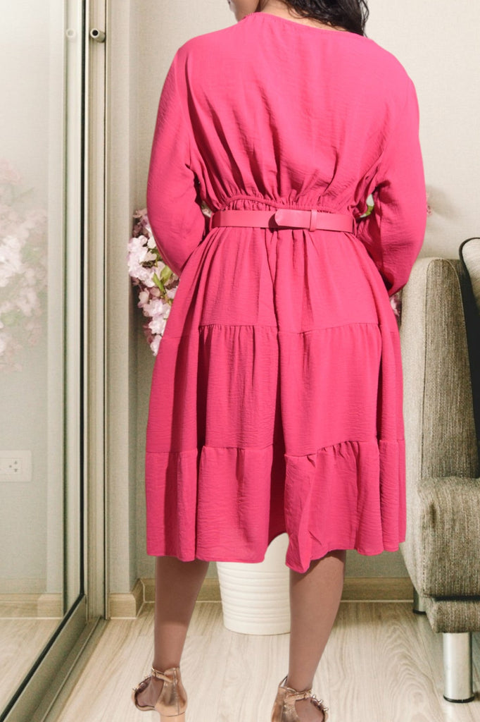 Tiered Long Sleeve Cerise Dress with Belt - StylePhase SA