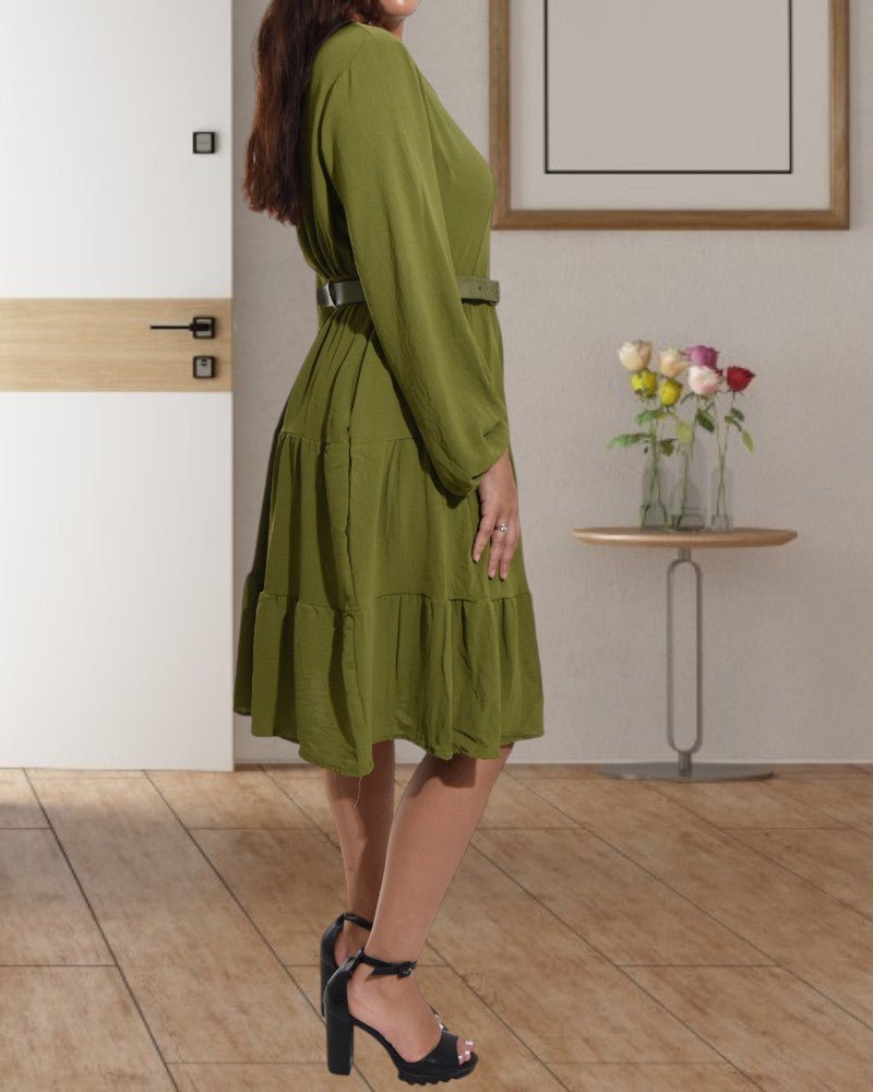 Tiered Long Sleeve Olive Dress with Belt - StylePhase SA