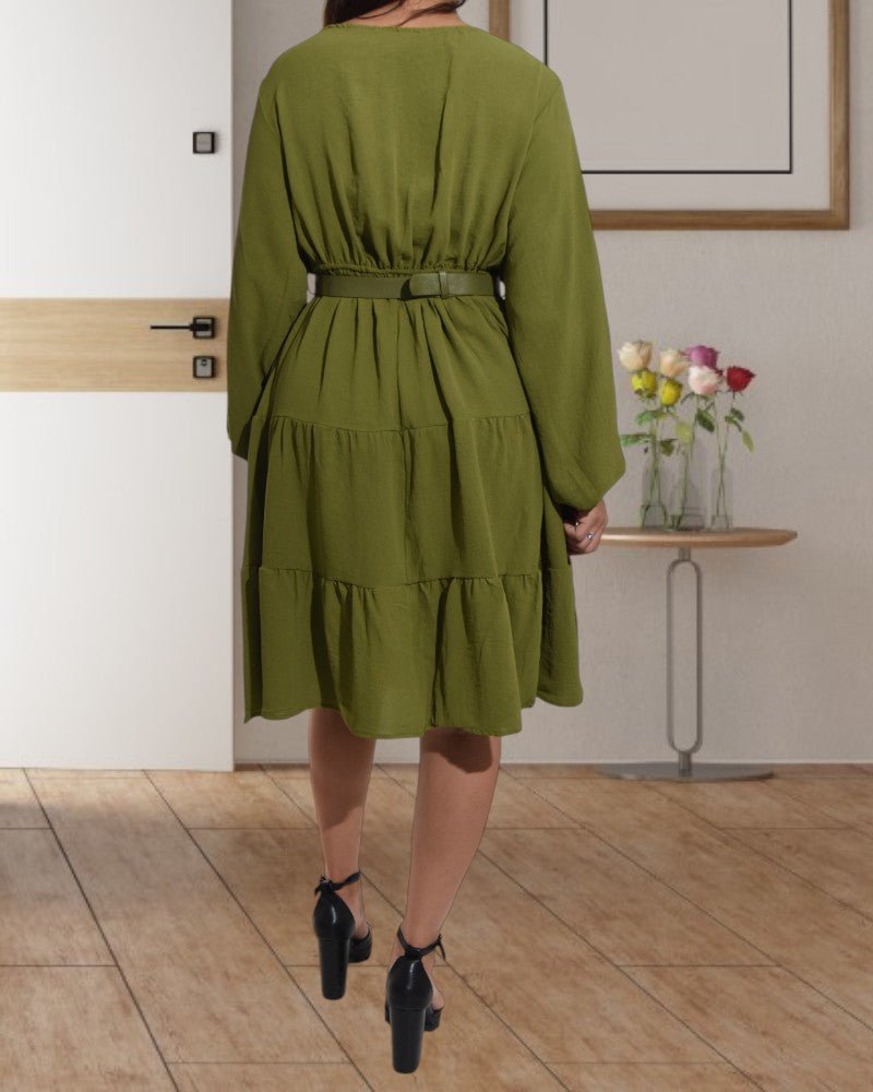 Tiered Long Sleeve Olive Dress with Belt - StylePhase SA