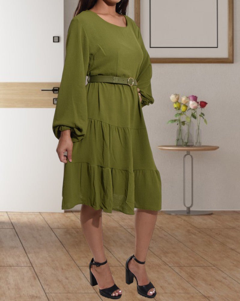 Tiered Long Sleeve Olive Dress with Belt - StylePhase SA