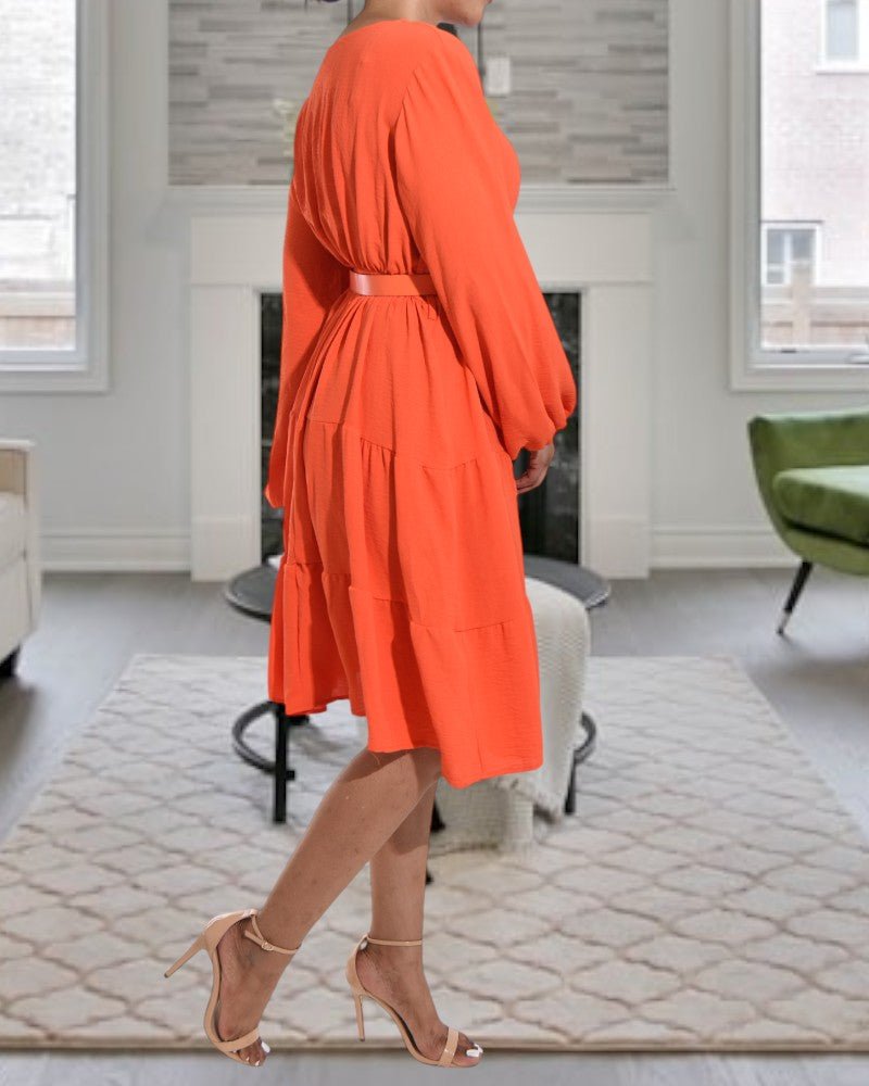 Tiered Long Sleeve Orange Dress With Belt - StylePhase SA