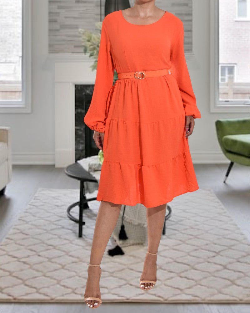 Tiered Long Sleeve Orange Dress With Belt - StylePhase SA