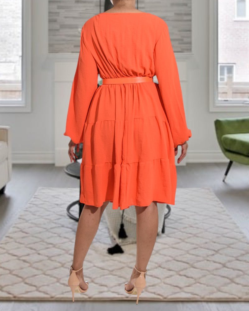 Tiered Long Sleeve Orange Dress With Belt - StylePhase SA