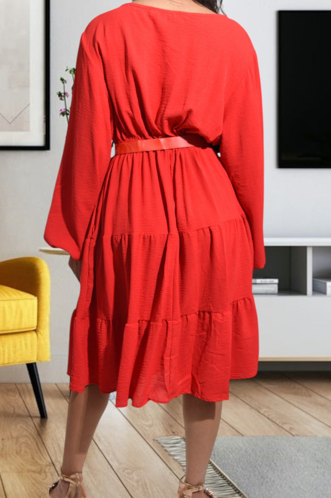 Tiered Long Sleeve Red Dress with Belt - StylePhase SA