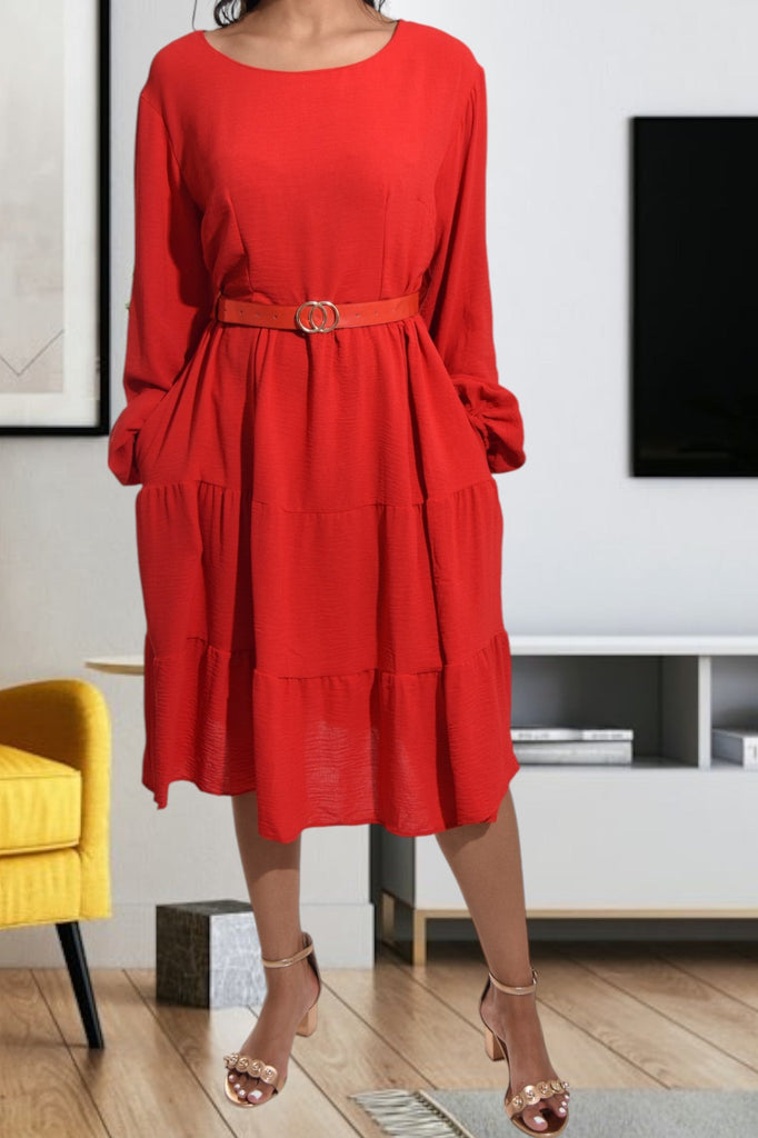 Tiered Long Sleeve Red Dress with Belt - StylePhase SA