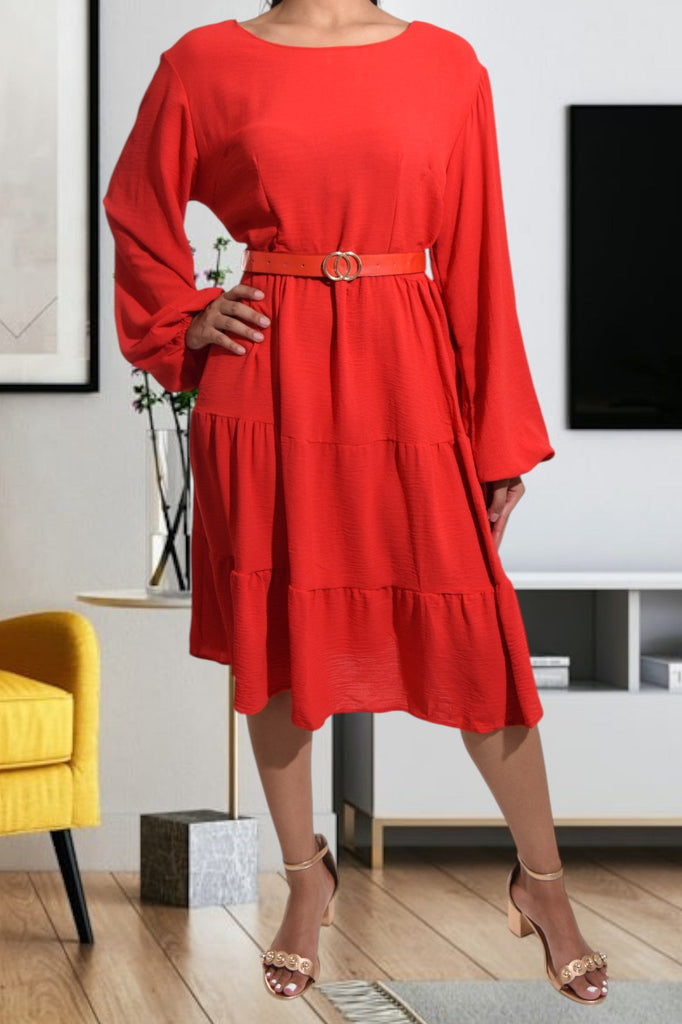 Tiered Long Sleeve Red Dress with Belt - StylePhase SA