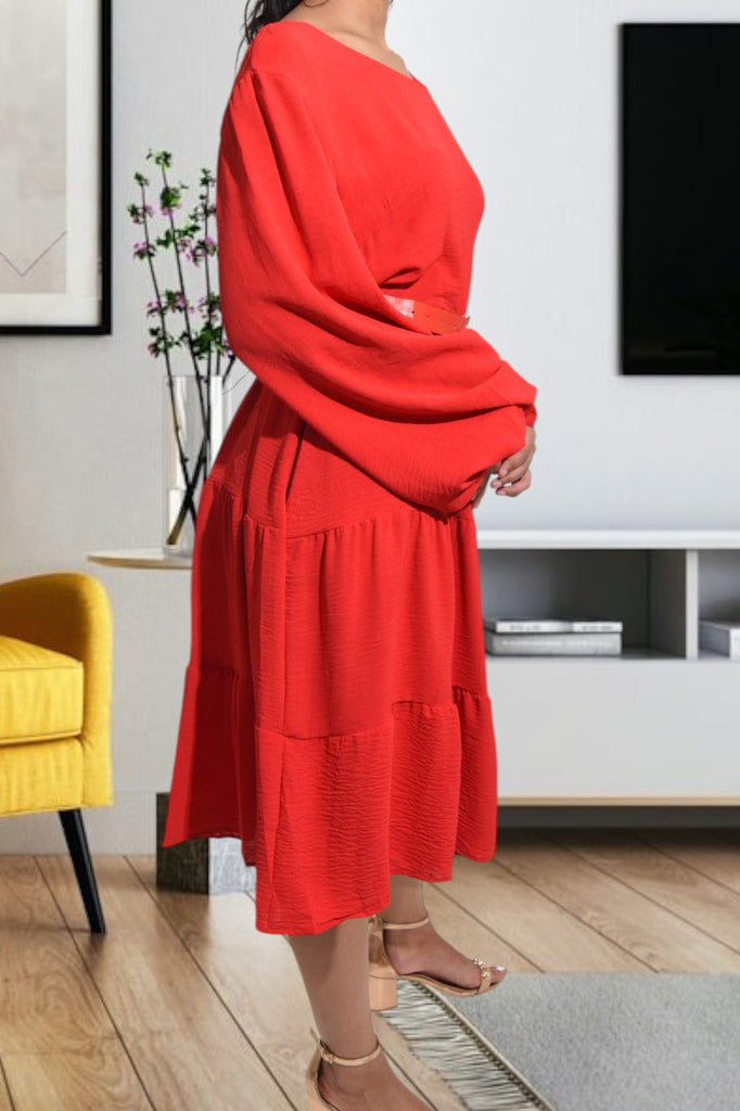 Tiered Long Sleeve Red Dress with Belt - StylePhase SA