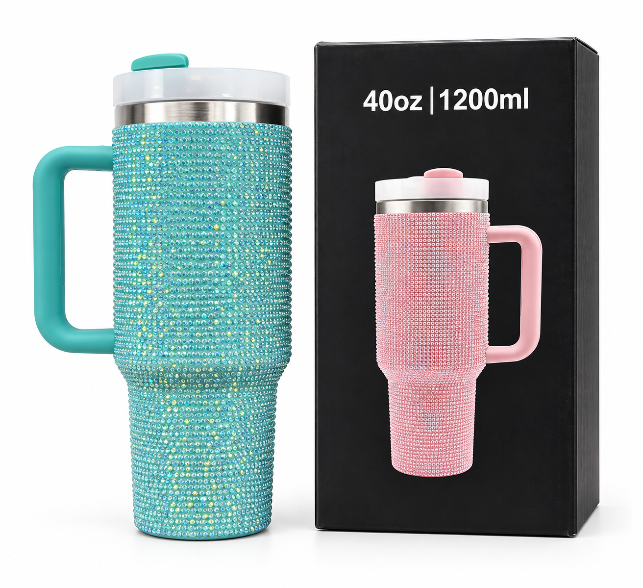 Turquoise sparkle bling 40 oz vacuum insulated tumbler with gift box