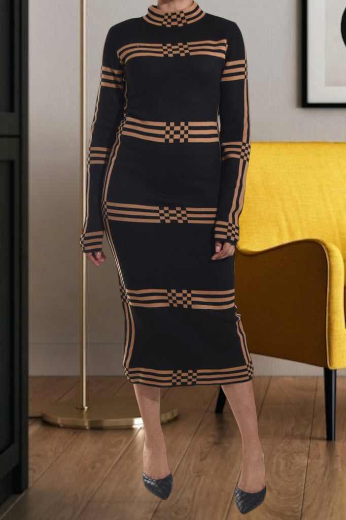 Turtleneck Long Sleeve Jersey Knit Black and Brown Dress - StylePhase SA
