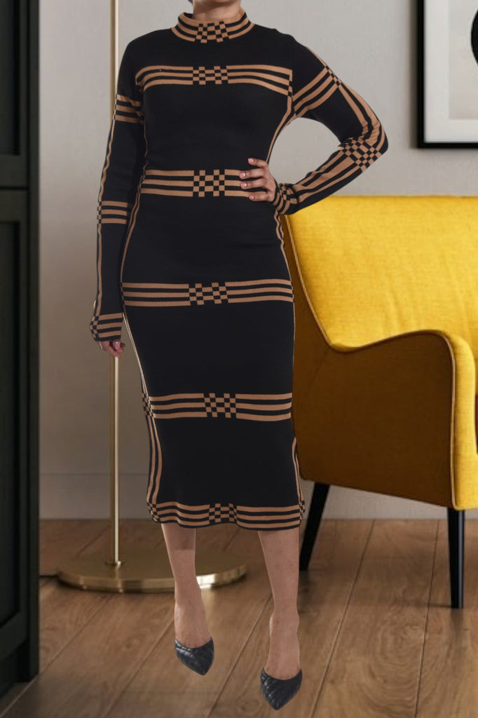 Turtleneck Long Sleeve Jersey Knit Black and Brown Dress - StylePhase SA