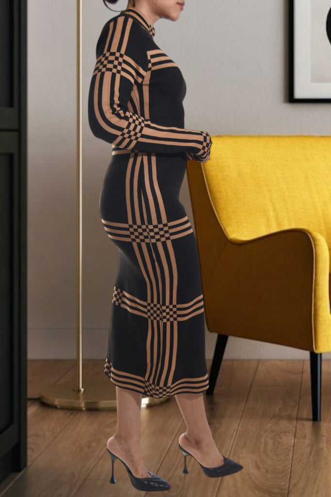 Turtleneck Long Sleeve Jersey Knit Black and Brown Dress - StylePhase SA