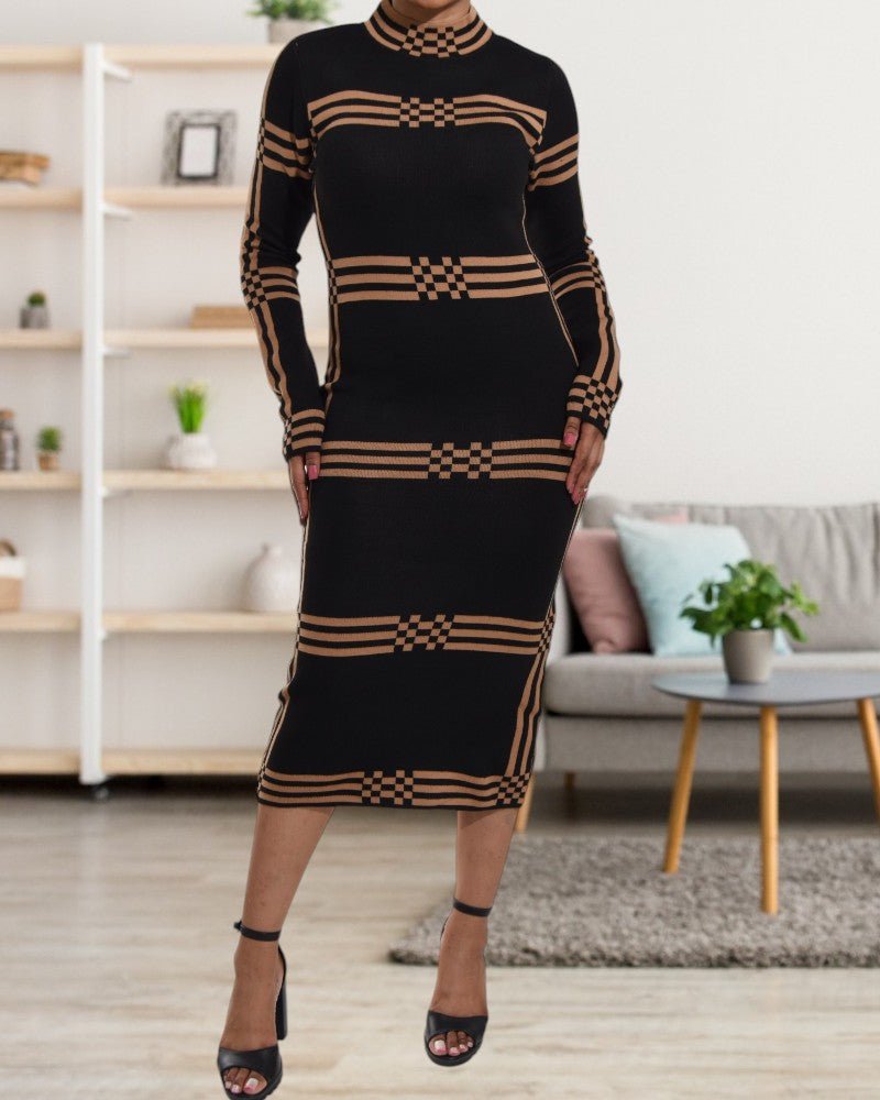 Turtleneck Long Sleeve Knit Black and Brown Dress - StylePhase SA