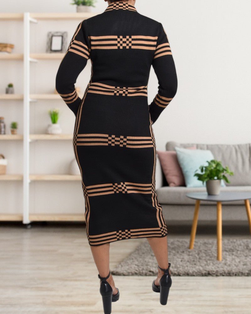 Turtleneck Long Sleeve Knit Black and Brown Dress - StylePhase SA