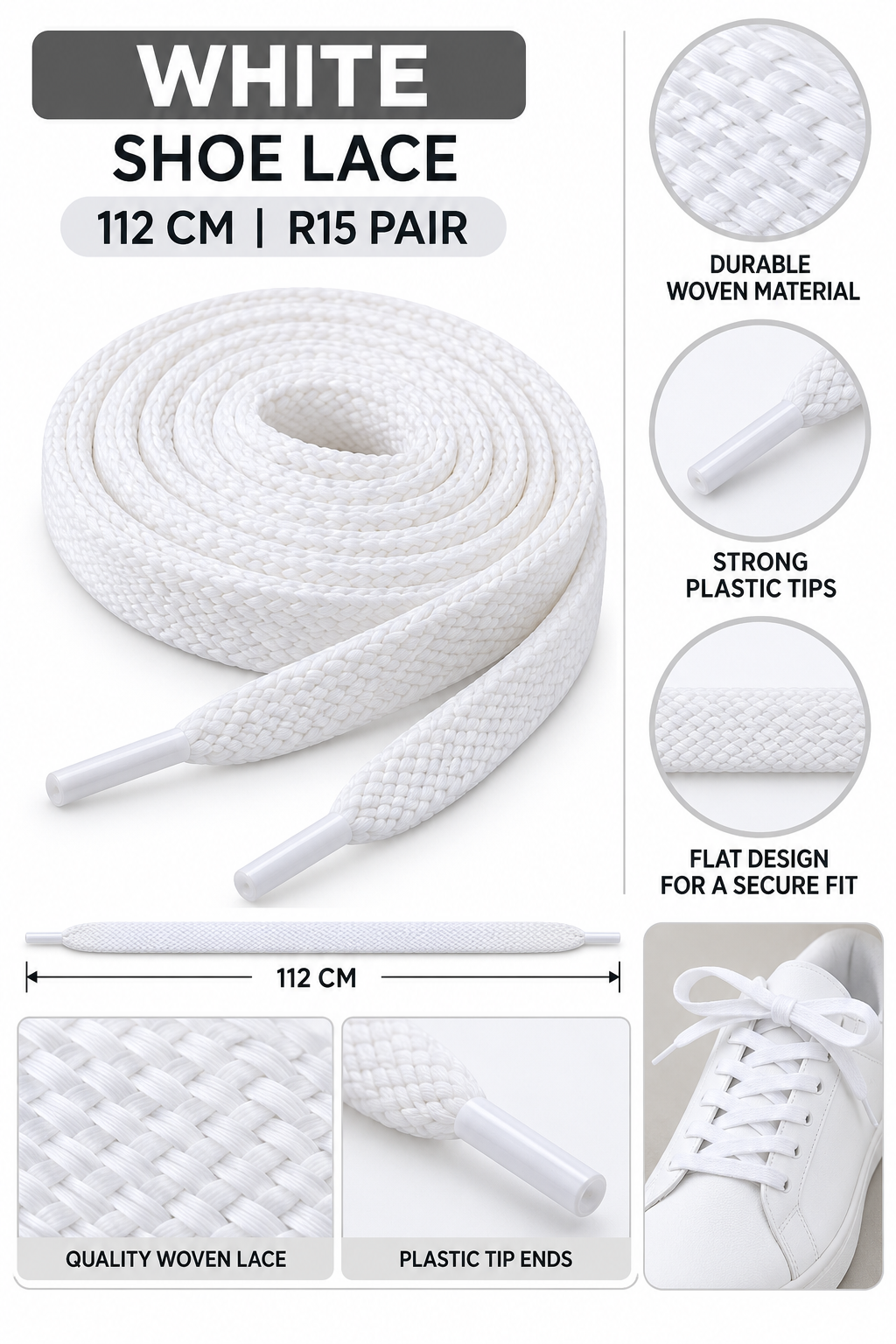 White flat woven shoelaces 112cm R15 per pair