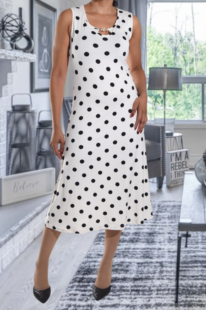 White Polka Dot Crew Neck Dress - StylePhase SA