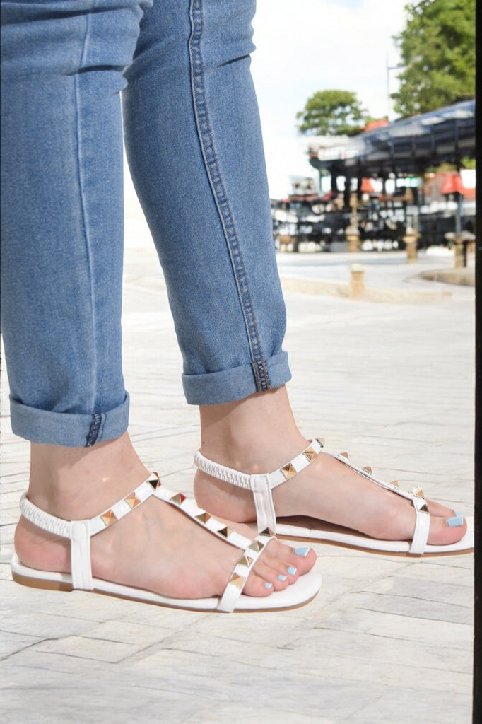 White Studded T - Strap Sandals - StylePhase SA