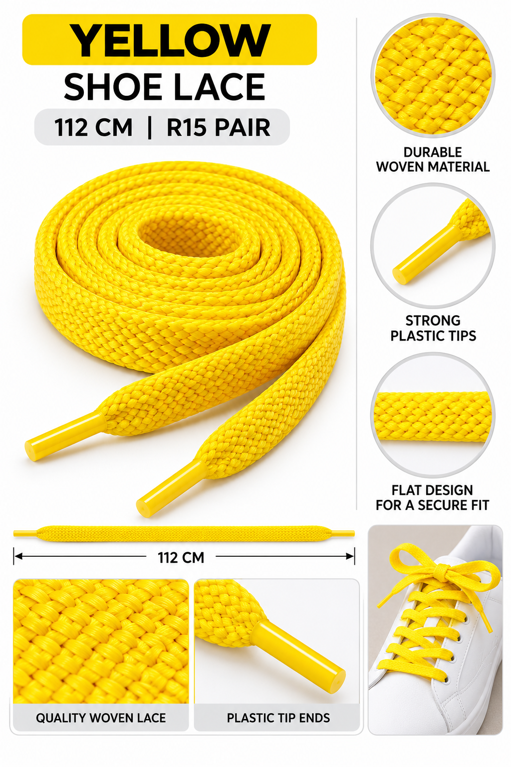Yellow flat woven shoelaces 112cm R15 per pair