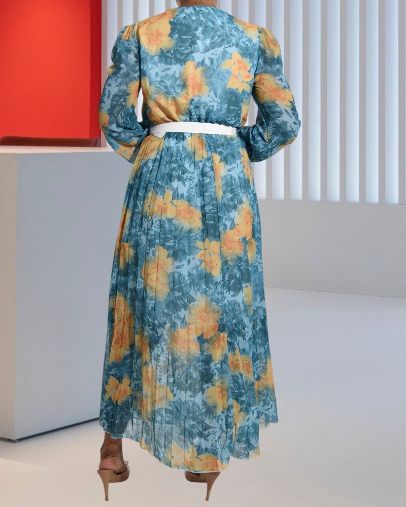 Yellow Flowers Print Chiffon Dress with Belt - StylePhase SA