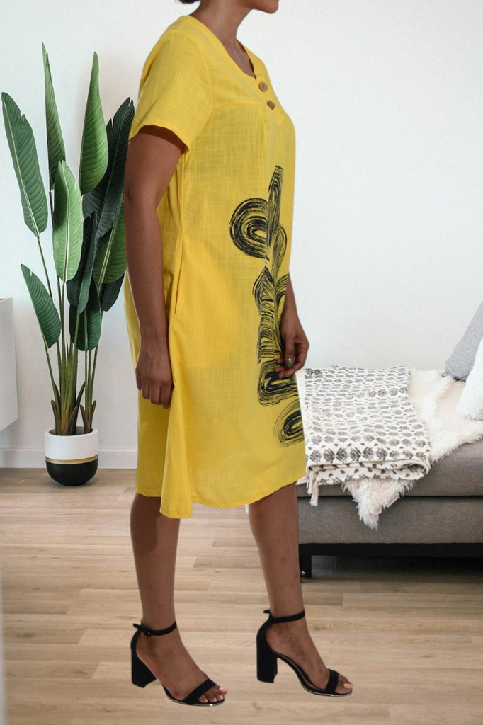 Yellow Printed Midi Pocket Dress - StylePhase SA