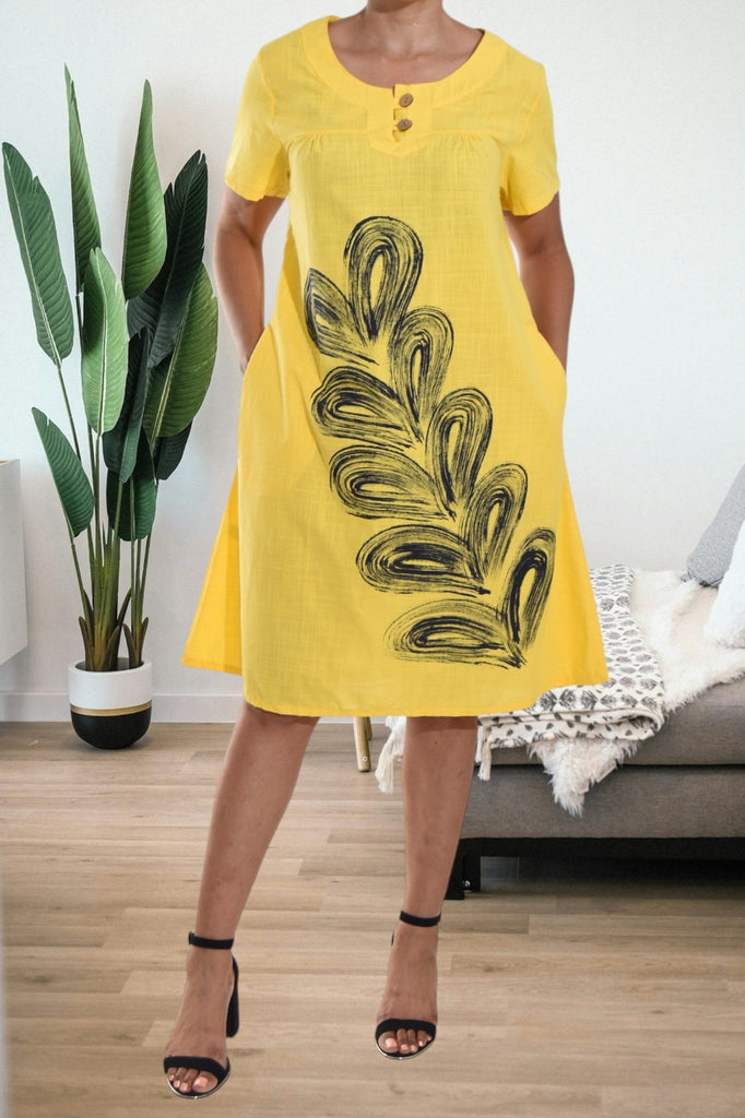 Yellow Printed Midi Pocket Dress - StylePhase SA