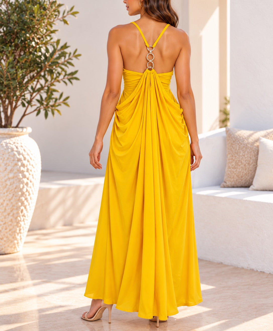 Yellow ring back maxi dress back view
