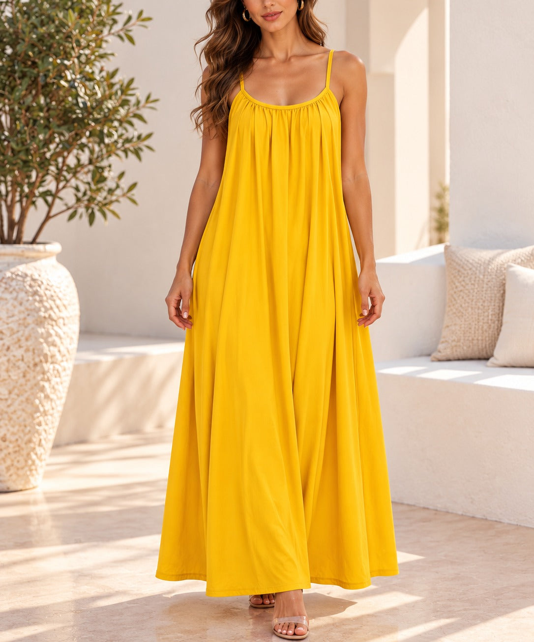 Yellow ring back maxi dress front view